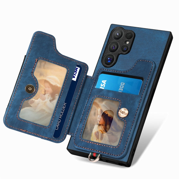For Samsung Galaxy S25 Ultra 5G Retro Skin-feel Ring Multi-card Wallet Phone Case(Blue)