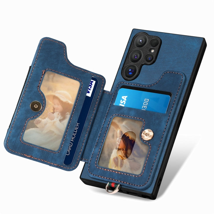 For Samsung Galaxy S25 Ultra 5G Retro Skin-feel Ring Multi-card Wallet Phone Case(Blue)