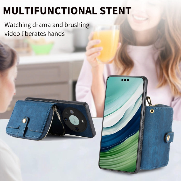 For Huawei Mate 60 Pro Crossbody Multi-function Zipper Wallet Phone Case(Blue)