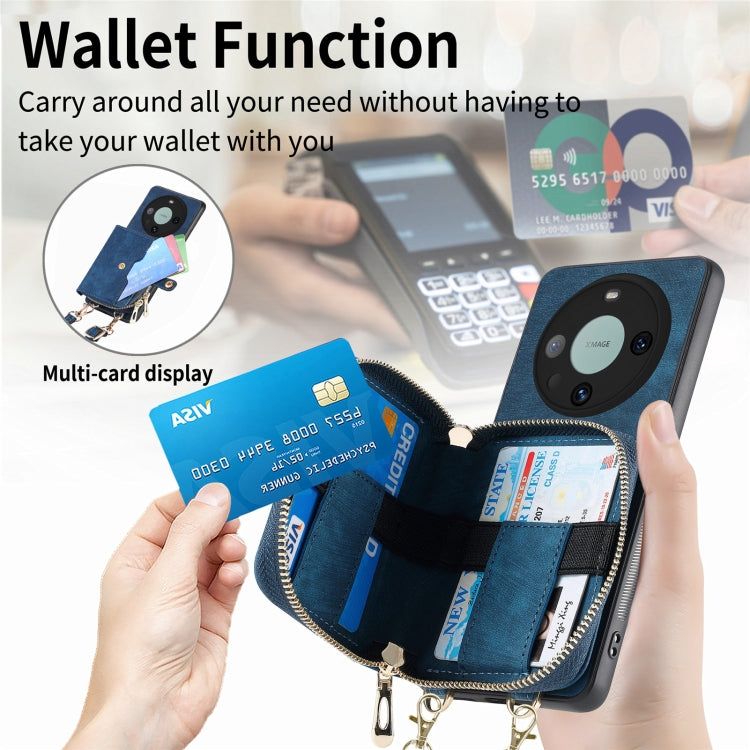 For Huawei Mate 60 Pro Crossbody Multi-function Zipper Wallet Phone Case(Blue)