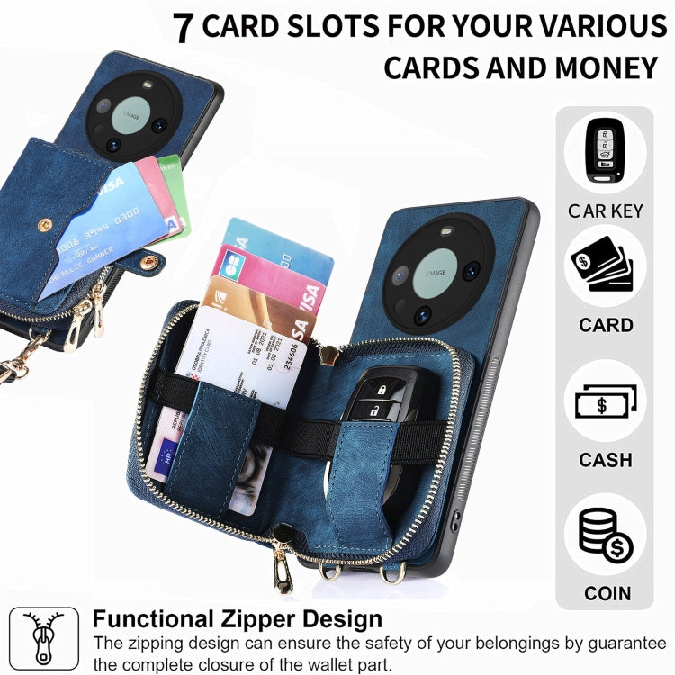 For Huawei Mate 60 Pro Crossbody Multi-function Zipper Wallet Phone Case(Blue)