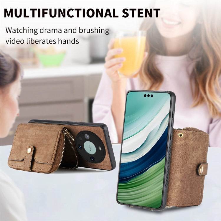 For Huawei Mate 60 Pro Crossbody Multi-function Zipper Wallet Phone Case(Brown)