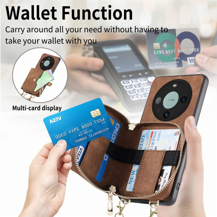 For Huawei Mate 60 Pro Crossbody Multi-function Zipper Wallet Phone Case(Brown)