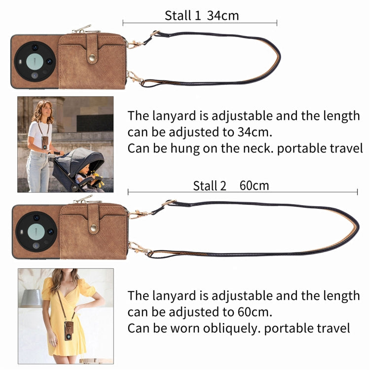 For Huawei Mate 60 Pro Crossbody Multi-function Zipper Wallet Phone Case(Brown)