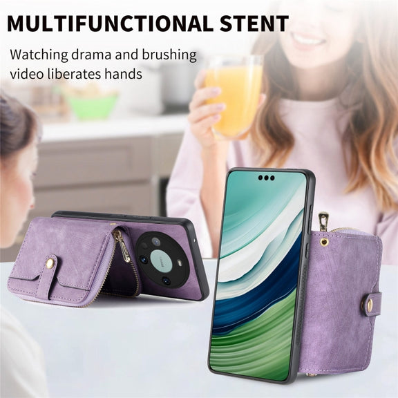 For Huawei Mate 60 Pro Crossbody Multi-function Zipper Wallet Phone Case(Purple)