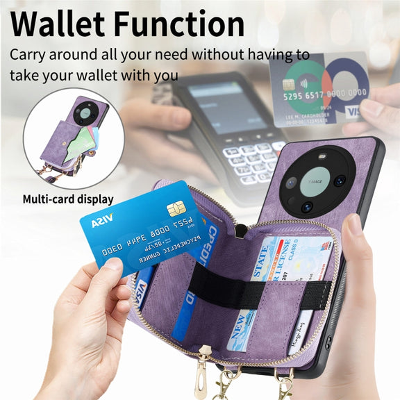 For Huawei Mate 60 Pro Crossbody Multi-function Zipper Wallet Phone Case(Purple)