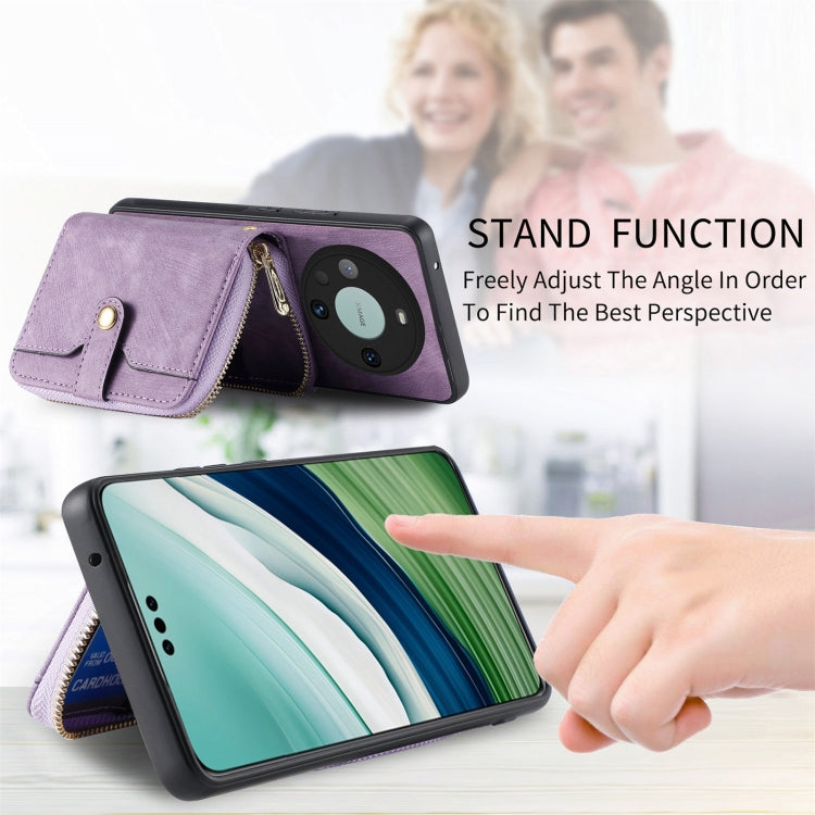 For Huawei Mate 60 Pro Crossbody Multi-function Zipper Wallet Phone Case(Purple)