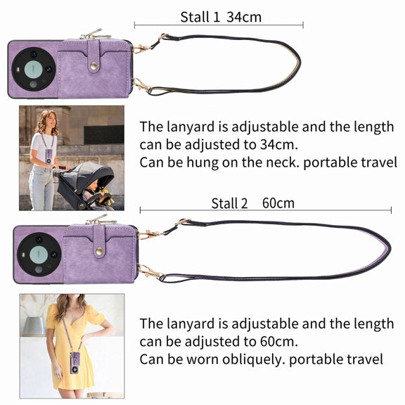 For Huawei Mate 60 Pro Crossbody Multi-function Zipper Wallet Phone Case(Purple)