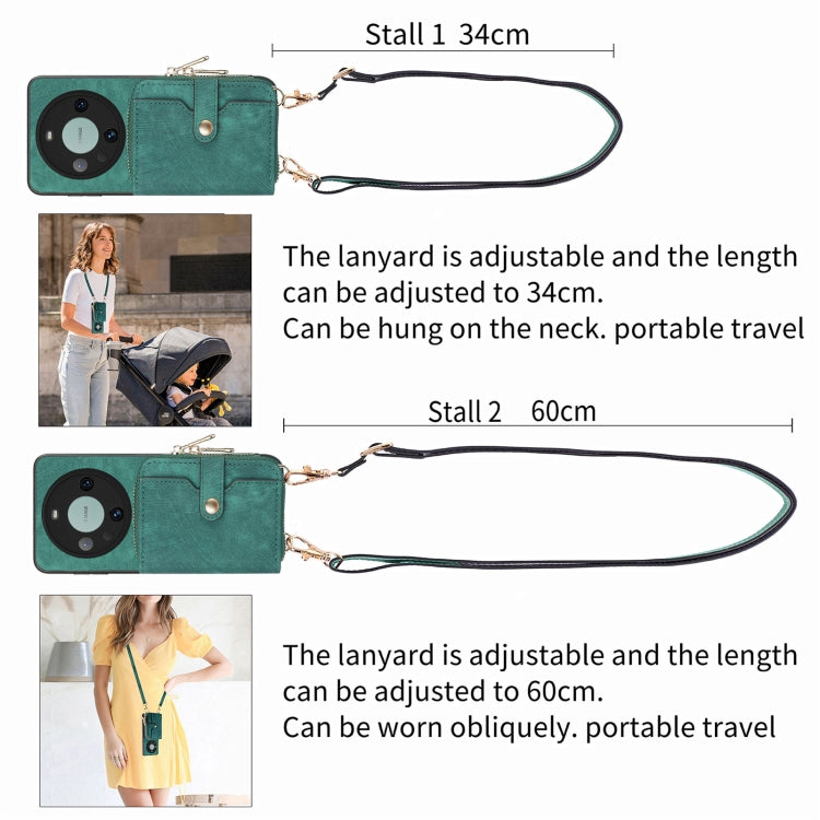 For Huawei Mate 60 Pro Crossbody Multi-function Zipper Wallet Phone Case(Green)