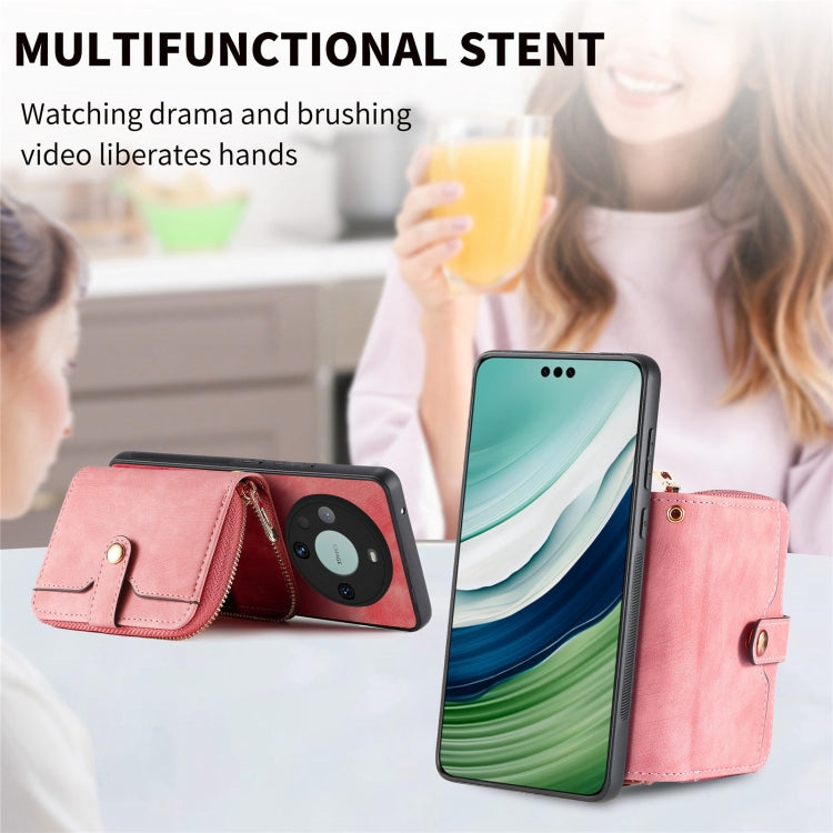 For Huawei Mate 60 Pro Crossbody Multi-function Zipper Wallet Phone Case(Pink)