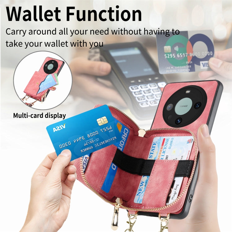 For Huawei Mate 60 Pro Crossbody Multi-function Zipper Wallet Phone Case(Pink)