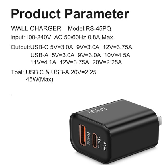 45PQ 45W PD25W + QC3.0 20W USB Fully Compatible Super Fast Charger, US Plug(Yellow)