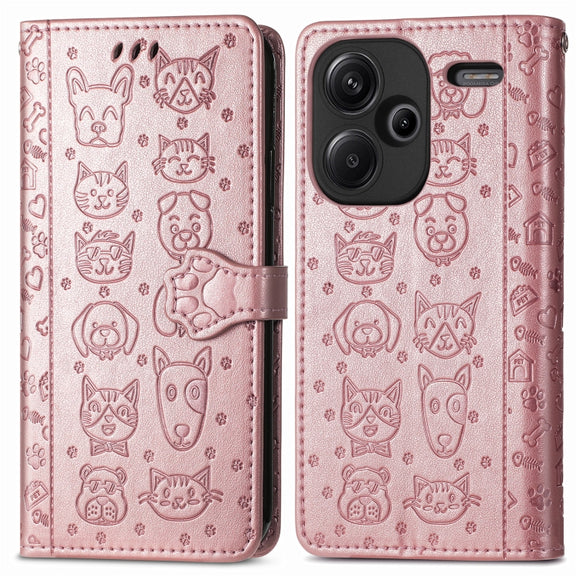 For Xiaomi Redmi Note 13 Pro+ Cat and Dog Embossed Leather Phone Case(Rose Gold)