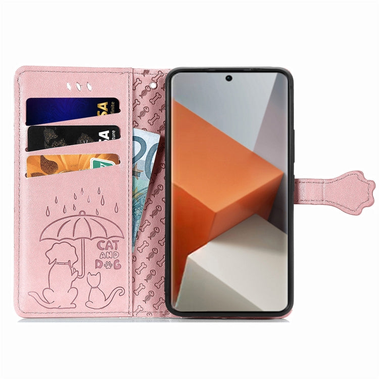 For Xiaomi Redmi Note 13 Pro+ Cat and Dog Embossed Leather Phone Case(Rose Gold)