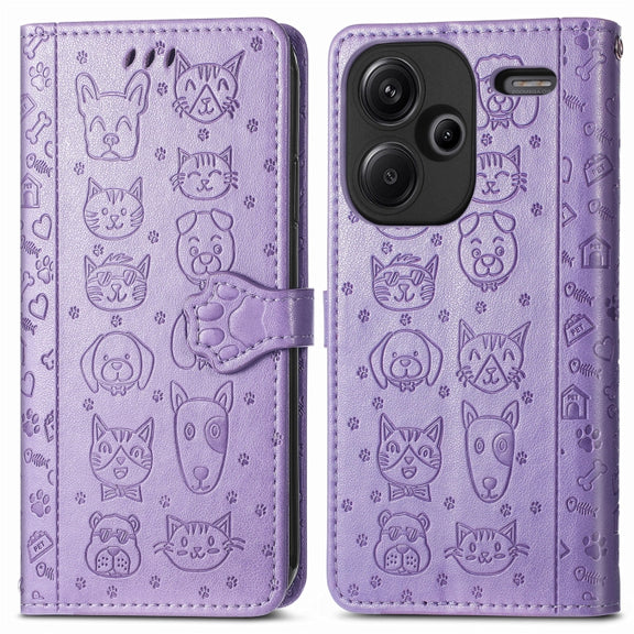 For Xiaomi Redmi Note 13 Pro+ Cat and Dog Embossed Leather Phone Case(Purple)