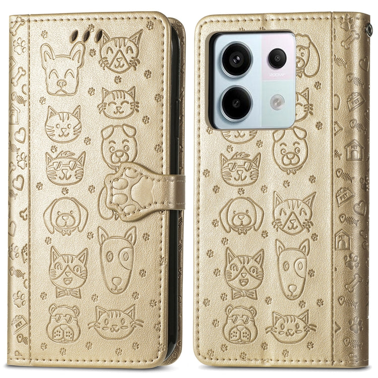 For Xiaomi Redmi Note 13 Pro Cat and Dog Embossed Leather Phone Case(Gold)