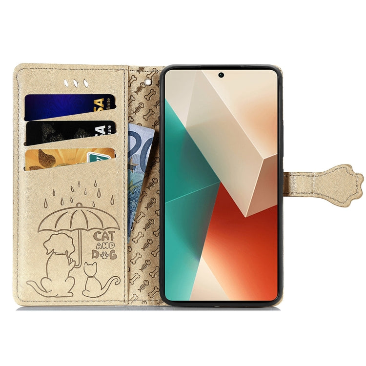 For Xiaomi Redmi Note 13 Pro Cat and Dog Embossed Leather Phone Case(Gold)