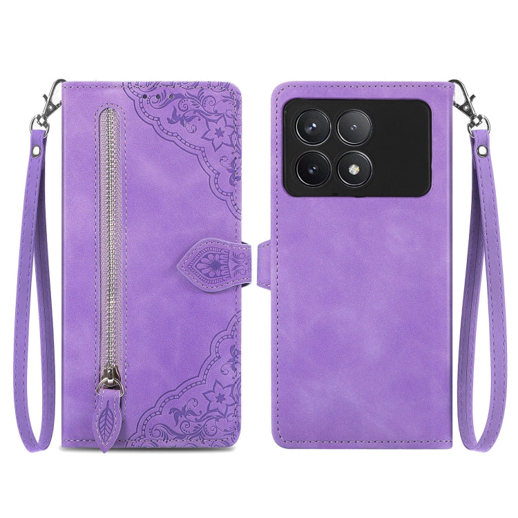 For Xiaomi Redmi K70 Embossed Flower Zipper Leather Phone Case(Purple)