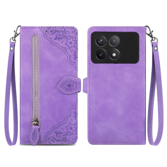 For Xiaomi Redmi K70 Embossed Flower Zipper Leather Phone Case(Purple)