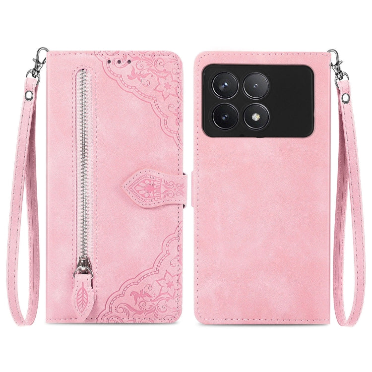 For Xiaomi Redmi K70 Embossed Flower Zipper Leather Phone Case(Pink)