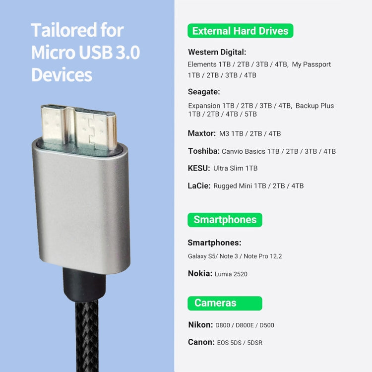 JUNSUNMAY USB 3.0 Male to Micro-B Cord Cable Compatible with Samsung Camera Hard Drive, Length:2m