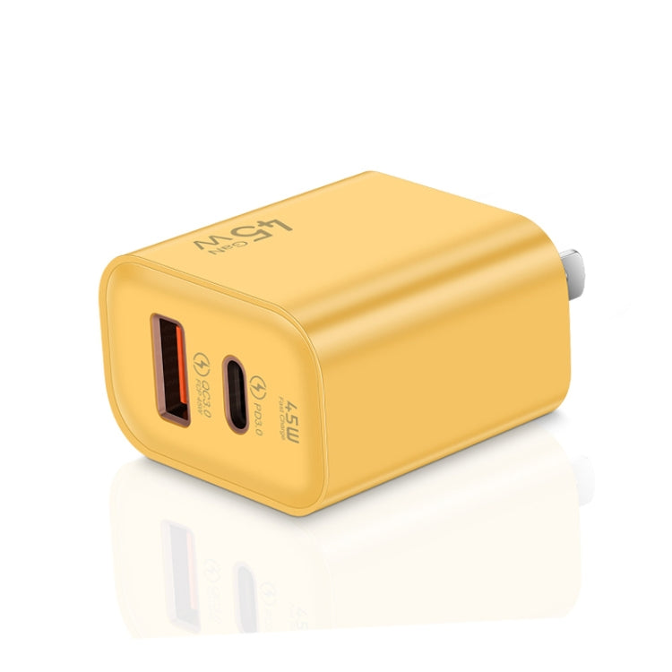 45PQ 45W PD25W + QC3.0 20W USB Super Fast Charger with Type-C to 8 Pin Cable, US Plug(Yellow)