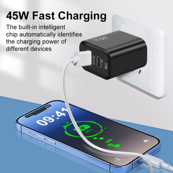45PQ 45W PD25W + QC3.0 20W USB Super Fast Charger with Type-C to 8 Pin Cable, US Plug(Yellow)