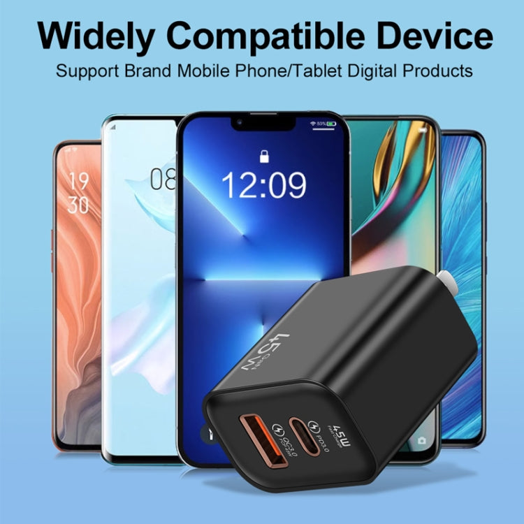 45PQ 45W PD25W + QC3.0 20W USB Super Fast Charger with Type-C to 8 Pin Cable, US Plug(Transparent Gray)
