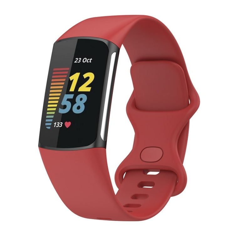 For Fitbit Charge 6 Solid Color Butterfly Buckle Silicone Watch Band, Size:S Size(Red)