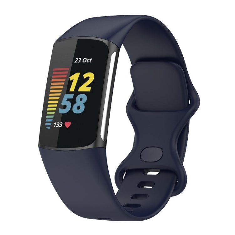 For Fitbit Charge 6 Solid Color Butterfly Buckle Silicone Watch Band, Size:S Size(Dark Blue)