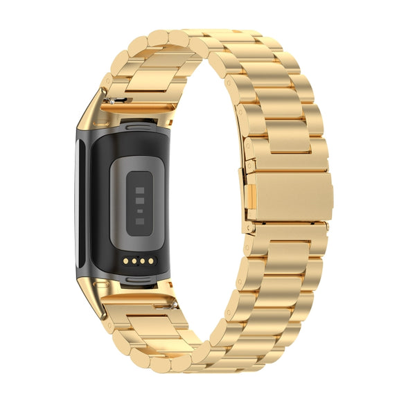 For Fitbit Charge 6 Three Beads Stainless Steel Metal Watch Band(Gold)