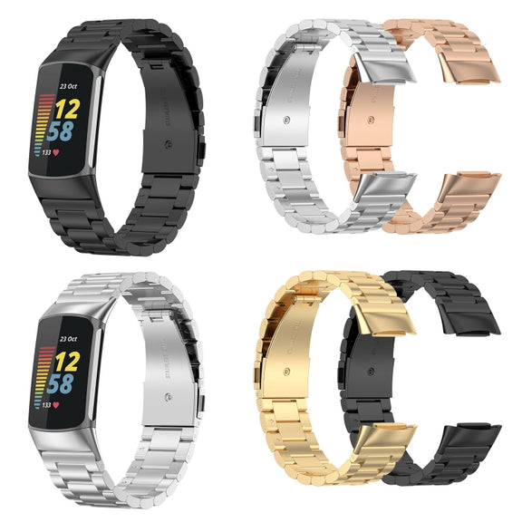 For Fitbit Charge 6 Three Beads Stainless Steel Metal Watch Band(Black)