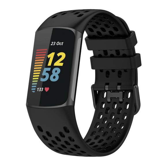 For Fitbit Charge 5 Solid Color Breathable Sports Silicone Watch Band(Black)