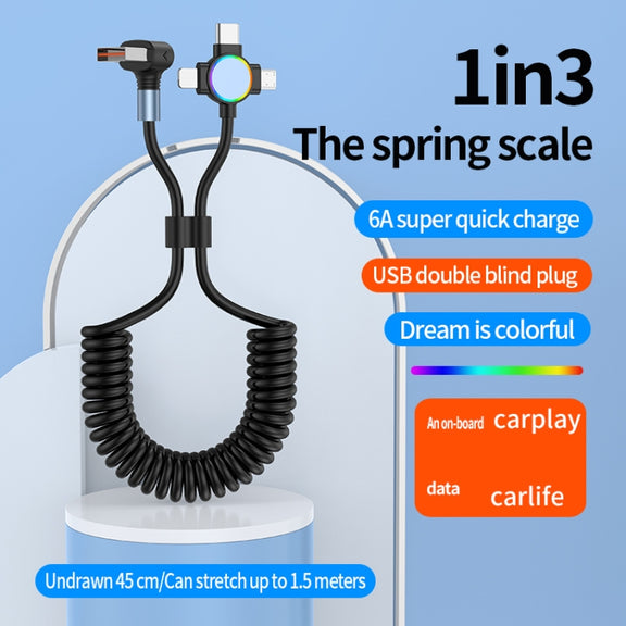 66W 3 in 1 USB to 8 Pin + Micro USB + USB-C / Type-C Fast Charging Elbow Spring Cable(Black)