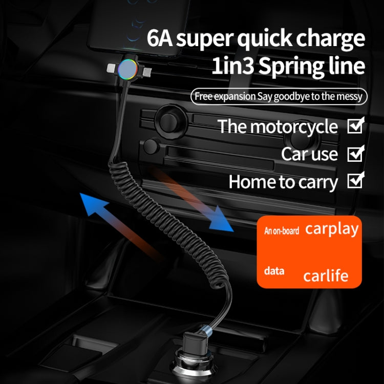 66W 3 in 1 USB to 8 Pin + Micro USB + USB-C / Type-C Fast Charging Elbow Spring Cable(Black)