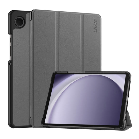 For Samsung Galaxy Tab A9 8.7 ENKAY Tri-fold Custer Texture Leather Smart Tablet Case(Grey)