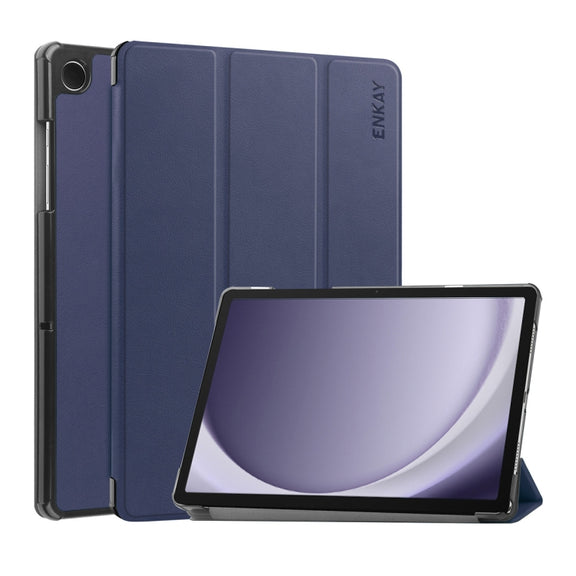 For Samsung Galaxy Tab A9+ 11.0 ENKAY Tri-fold Custer Texture Leather Smart Tablet Case(Dark Blue)