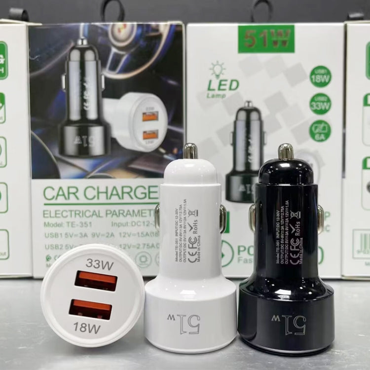 51W Dual Port QC3.0 USB 33W + 18W Fully Compatible Car Charger(White)