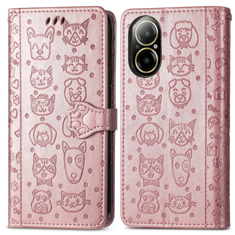 For Realme C67 4G Cat and Dog Embossed Leather Phone Case(Rose Gold)
