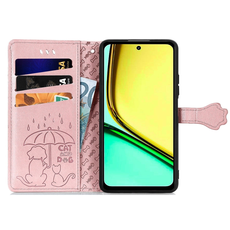 For Realme C67 4G Cat and Dog Embossed Leather Phone Case(Rose Gold)