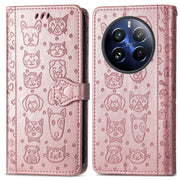 For Realme 12 Pro Cat and Dog Embossed Leather Phone Case(Rose Gold)
