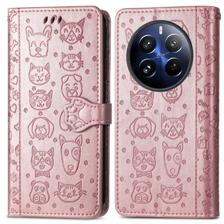 For Realme 12 Pro Cat and Dog Embossed Leather Phone Case(Rose Gold)