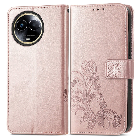 For Realme 11 5G Global Four-leaf Clasp Embossed Buckle Leather Phone Case(Rose Gold)