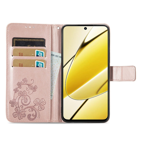 For Realme 11 5G Global Four-leaf Clasp Embossed Buckle Leather Phone Case(Rose Gold)