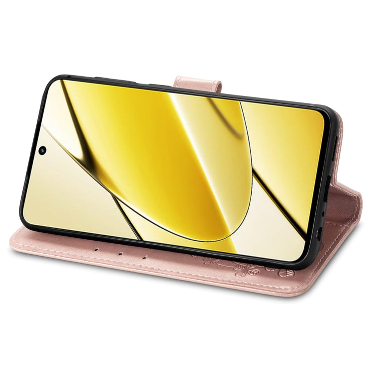 For Realme 11 5G Global Four-leaf Clasp Embossed Buckle Leather Phone Case(Rose Gold)