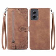 For Motorola Moto G Power 5G 2024 Embossed Flower Zipper Leather Phone Case(Brown)