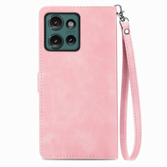 For Motorola Edge 2024 Embossed Flower Zipper Leather Phone Case(Pink)
