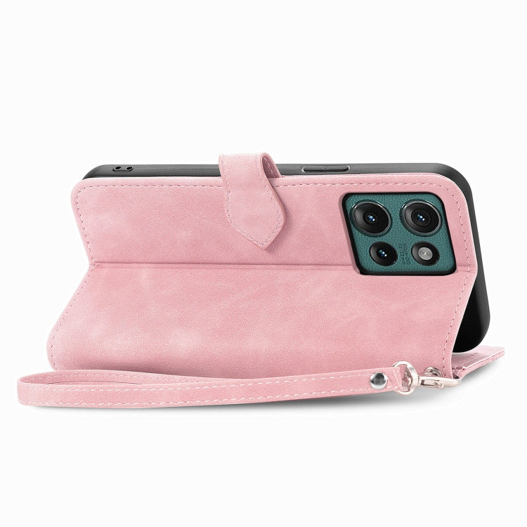 For Motorola Edge 2024 Embossed Flower Zipper Leather Phone Case(Pink)