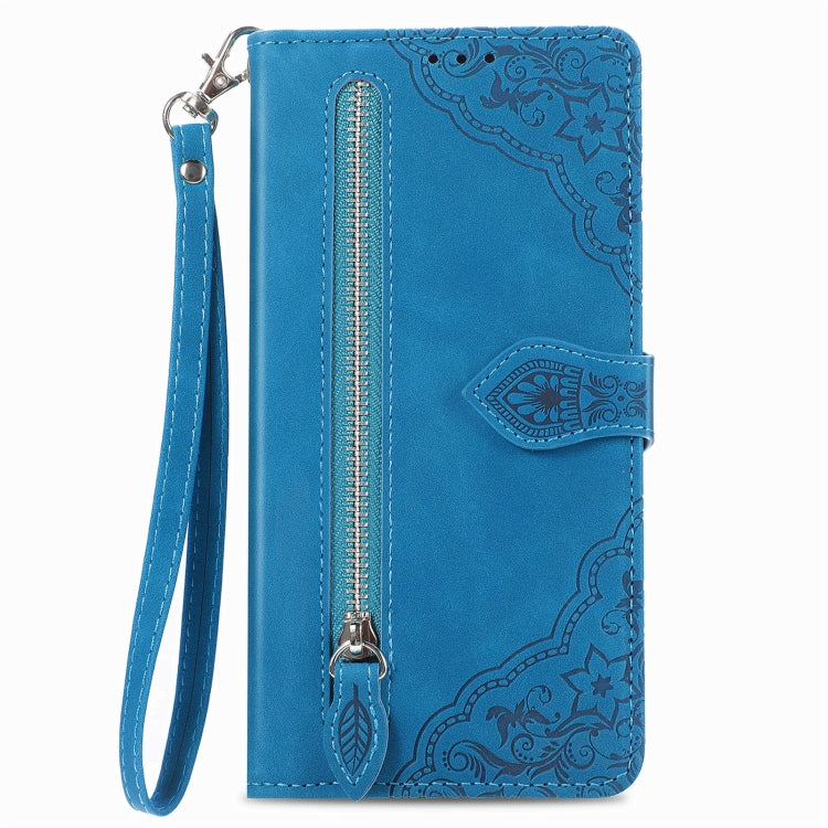 For Motorola Edge 2024 Embossed Flower Zipper Leather Phone Case(Blue)