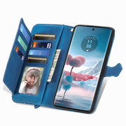 For Motorola Edge 2024 Embossed Flower Zipper Leather Phone Case(Blue)